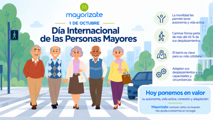 Persona mayor desplazándose de forma autónoma en un entorno urbano seguro y accesible, eje de la campaña Mayorízate de FESVIAL.